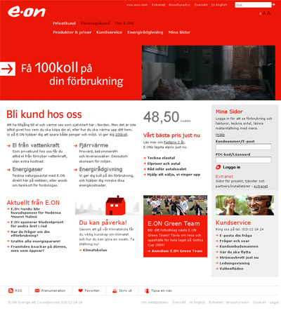 E.ONs webbplats början av 2009.